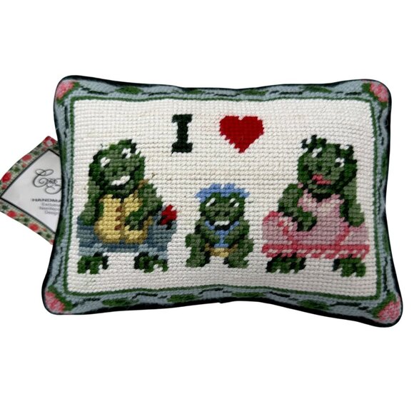 Whimsical Frogs Accent Pillow C&F Needlepoint 6x8.5" - Picture 1 of 8